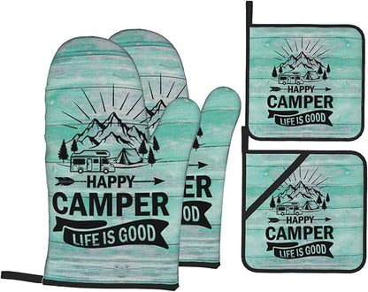 Happy Camper Oven Mitts and Pot Holders Sets of 4,Resistant Hot Pads with Polyester Non-Slip BBQ Gloves for Kitchen,Cooking,Baking,Grilling