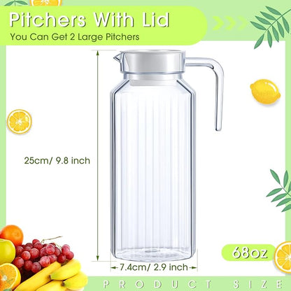 Panitay 2 Pcs 68 Ounces Plastic Pitcher with Lid Clear Acrylic Refrigerator Safe Pitcher Shatter Proof Juice Containers with Lids for Water Milk Sangria Lemonade Cold Drinks - Image 2