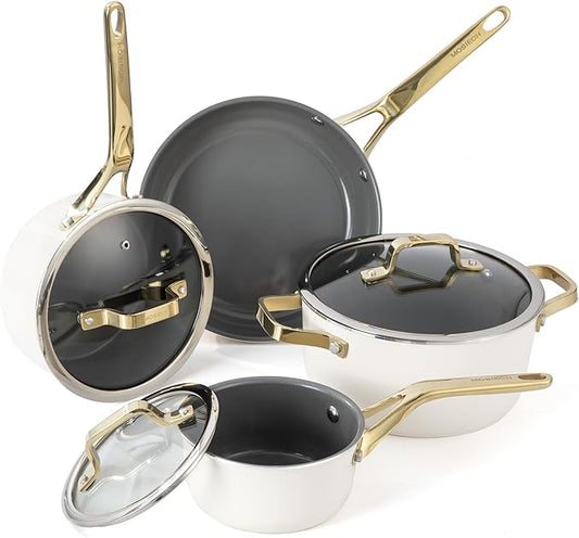 7-Piece Ceramic Nonstick Cookware Set with Lids - PFAS/PTFE/PFOA Free, Interior & Exterior Ceramic Coating -Easy to Clean- Kitchen Storage-All Stovetop Compatible & Oven-Safe up to 480°F