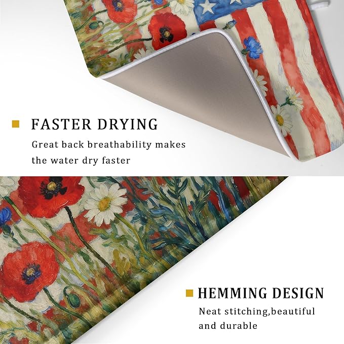 Patriotic American Flag Dish Drying Mat for Kitchen Counter 18x24 4th of July Red Blue White Floral Rustic Absorbent Reversible Microfiber Drying Mats Kitchen Countertop Protector Dishes Drainer Pad - Image 3