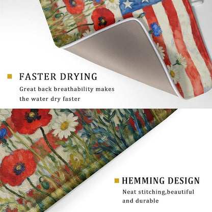Patriotic American Flag Dish Drying Mat for Kitchen Counter 18x24 4th of July Red Blue White Floral Rustic Absorbent Reversible Microfiber Drying Mats Kitchen Countertop Protector Dishes Drainer Pad - Image 3