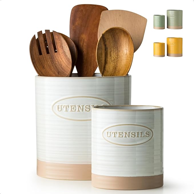 YHOSSEUN Utensil Holder Set of 2, Ceramic Utensil Holder for Kitchen Counter, 6.7"+5.1" Kitchen Utensil Crocks Spatula Holder for Countertop, Two-tone Finish Oval Opening by YHOSSEUN