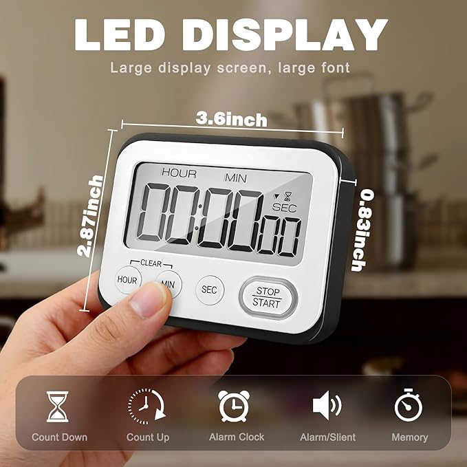 Digital Kitchen Timer Magnetic Loud Alarm, Large LCD Screen Silent/Beeping Multi-Function for Teachers Classroom Kids, Black - Image 6