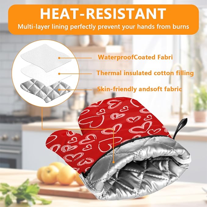White Love Hearts Oven Mitts and Pot Holders Sets 4Pcs,Extra Long Oven Gloves Potholder for Kitchen Cooking Baking BBQ 100% Cotton Heat Resistant - Image 3