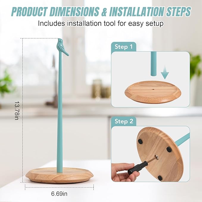 Wooden Paper Towel Holder countertop, Stylish Bird Shaped,Solid Wood Base&Iron Top, with Non-Slip Mat, Stable&Durable,Paper Towel Holder Farmhouse Style to Elevate Your Kitchen's Décor (Blue) - Image 7