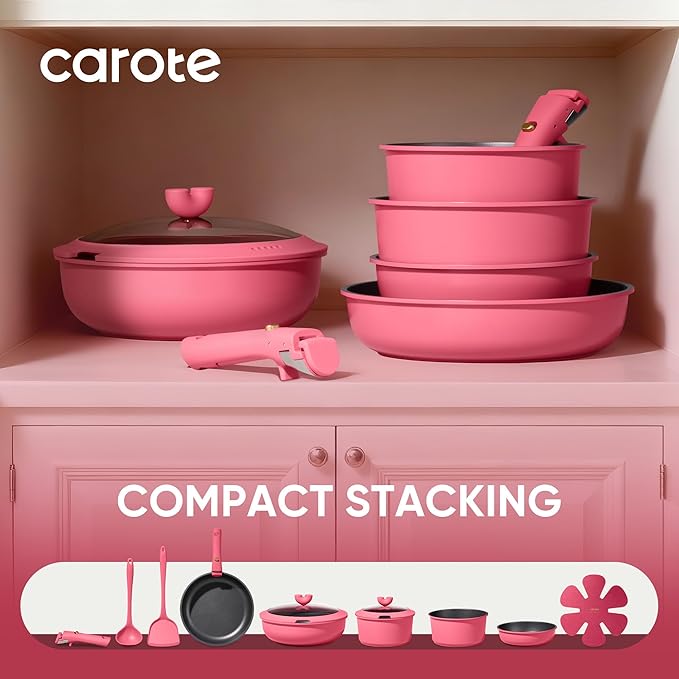 CAROTE 15pcs Pots and Pans Set Non Stick, Cookware Set Non Toxic with Detachable Handle, Induction Kitchen Cooking Set, Dishwasher/Oven Safe, RV/Camping Cookware - Image 4