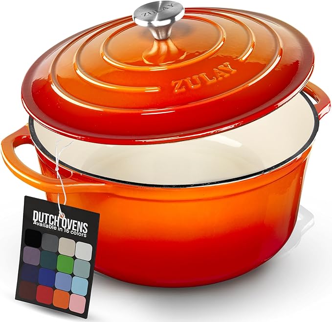 Zulay Kitchen 5 Quart Enameled Cast Iron Dutch Oven Pot with Lid – Premium Durability & Oven Safe up to 500°F – Heavy Duty Cookware Perfect for Bread Baking, Stews, Braising & Roasting – Orange by ZulayKitchen