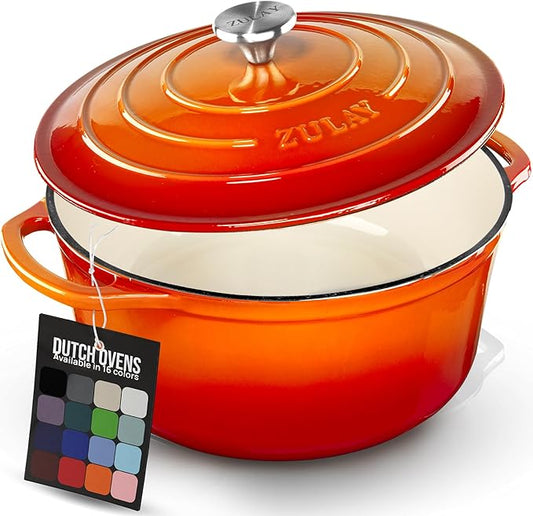 Zulay Kitchen 5 Quart Enameled Cast Iron Dutch Oven Pot with Lid – Premium Durability & Oven Safe up to 500°F – Heavy Duty Cookware Perfect for Bread Baking, Stews, Braising & Roasting – Orange by ZulayKitchen