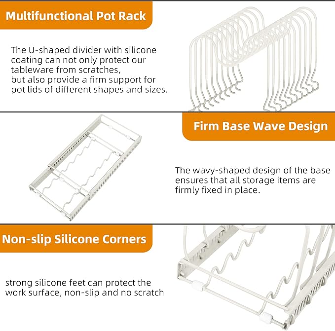 ROOHUA Pot Rack - Expandable Pot & Pan Organizer for Cabinet, 10 Adjustable Compartments (Apricot, 10) - Image 4