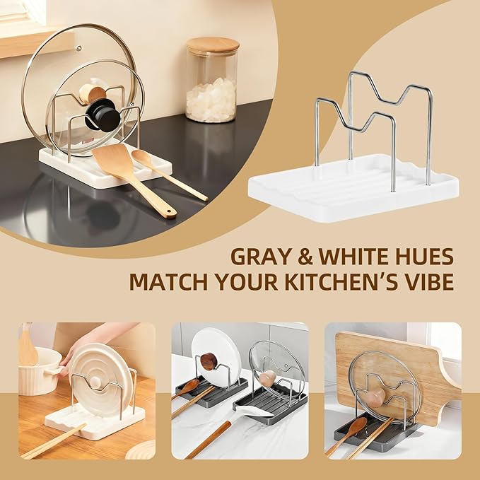 2 in 1 Pot Lid Holder & Spoon Rest for Kitchen Counter, Plastic Utensil Rest with Stainless Steel Pan Lid Holder Organizer While Cooking, Countertop Space Saving Pot Cover Rack | Easy to Clean - Image 6