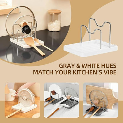 2 in 1 Pot Lid Holder & Spoon Rest for Kitchen Counter, Plastic Utensil Rest with Stainless Steel Pan Lid Holder Organizer While Cooking, Countertop Space Saving Pot Cover Rack | Easy to Clean - Image 6