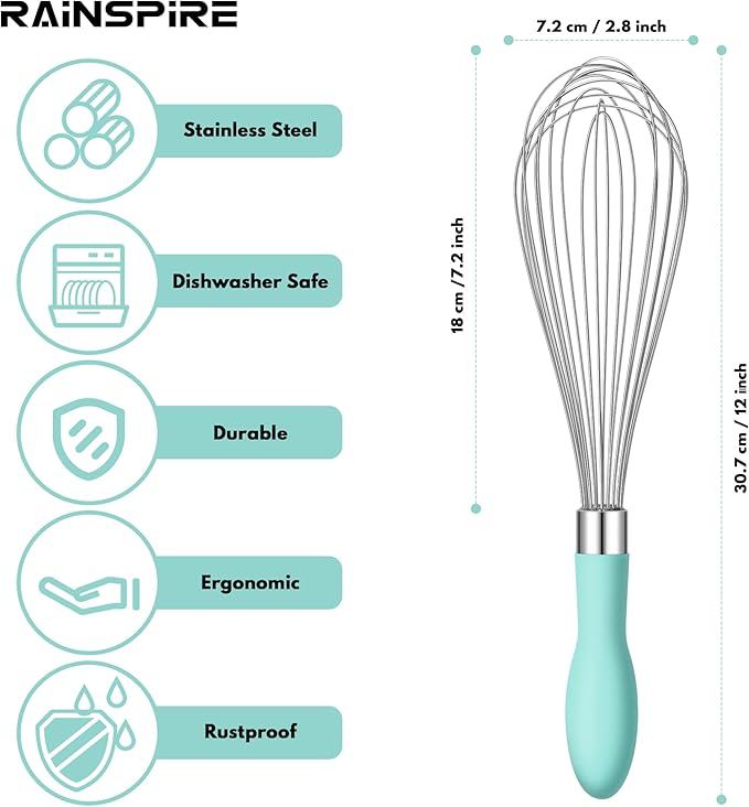 Rainspire 12-Inch Wire Whisk Stainless Steel, Balloon Whisks for Cooking, Wisk Wisking Tool With Soft Silicone Handle, Thick Durable Whisker for Blending, Beating, Whisking, Stirring, Mint Green - Image 2