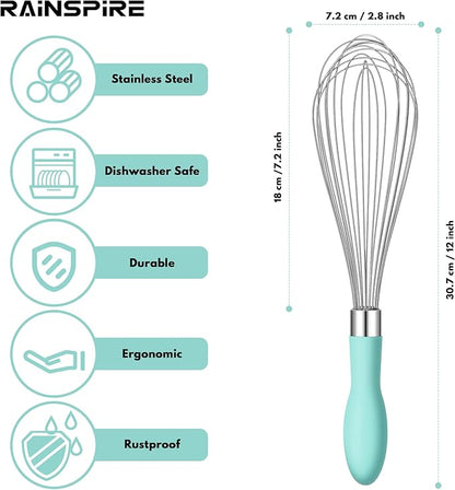 Rainspire 12-Inch Wire Whisk Stainless Steel, Balloon Whisks for Cooking, Wisk Wisking Tool With Soft Silicone Handle, Thick Durable Whisker for Blending, Beating, Whisking, Stirring, Mint Green - Image 2