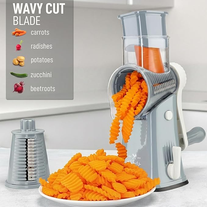 Zulay Kitchen Rotary Cheese Grater 5 Blade Cheese Shredder - Manual Hand Crank Cheese Grater With Reinforced Suction & 5 Interchangeable Drums - Easy to Use, Vegetable Chopper Round Mandoline Slicer - Image 4