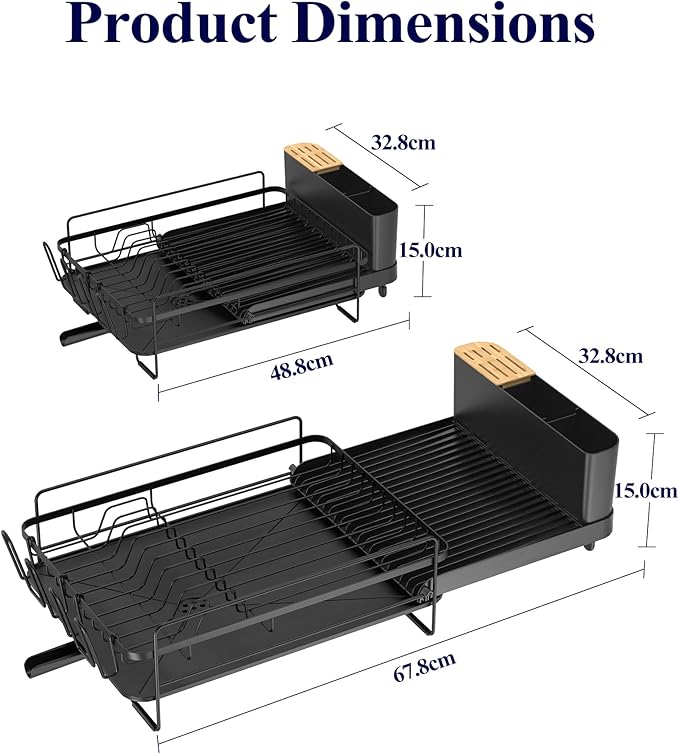 Kitsure Large Dish Drying Rack - Extendable Dish Rack, Multifunctional Dish Rack for Kitchen Counter, Anti-Rust Dish Drainers with Cutlery & Cup Holders 19.2"-26.7" L x 12.9" W, Black - Image 3