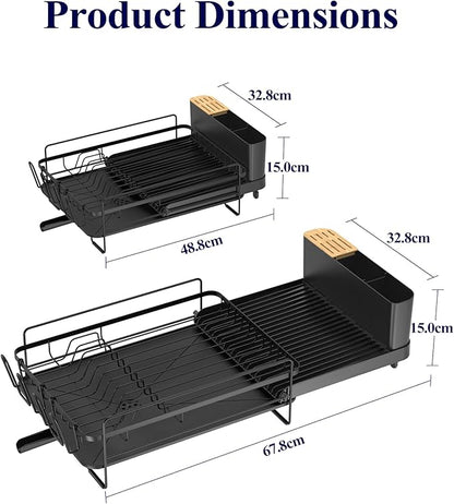 Kitsure Large Dish Drying Rack - Extendable Dish Rack, Multifunctional Dish Rack for Kitchen Counter, Anti-Rust Dish Drainers with Cutlery & Cup Holders 19.2"-26.7" L x 12.9" W, Black - Image 3