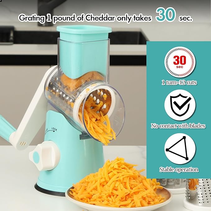 Ourokhome Rotary Cheese Grater Hand Crank, Kitchen Shredder Speed Mandolin Slicer Ice Shaver with Handle and Drum Blades for Cheese, Vegetable, Nuts, Chocolate, Potato, Carrot, 5 Blades, Blue - Image 6