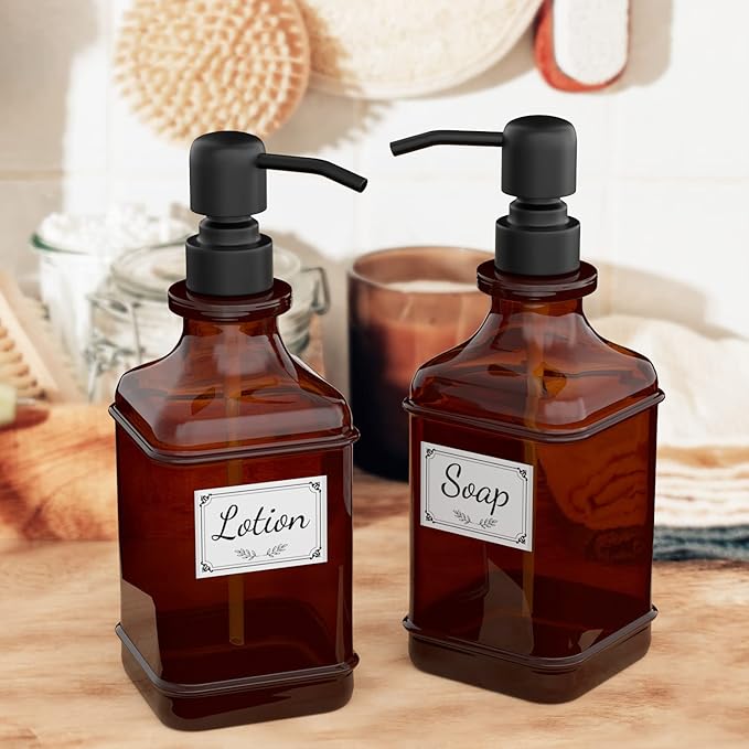 GLADPURE Soap Dispenser 2 Pack, Hand Soap Dispensers with 18 Oz Antique Design Thick Amber Glass Bottle, 316 Rust Proof Stainless Steel Black Pump, 6Pcs Stickers, for Lotion, Soap, Essential Oil - Image 6