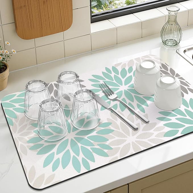 Findosom Floral Dish Drying Mat, 16" x 24" Super Absorbent & Hide Stain Coffee Mat, Cuttable Drying Mat for Kitchen Counter, Under Dish Rack, Coffee Maker, Espresso Machine, Teal