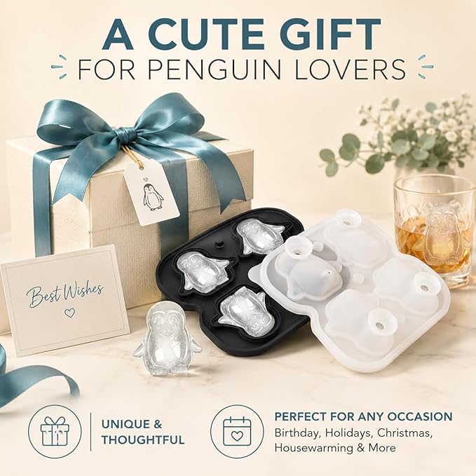 Penguin Ice Cube Tray Mold - 3D Penguin Shape Ice Cube Trays, Cute Ice Cube Molds for Whiskey Bourbon, 4-Hole Large Fun Shapes Ice Cube Trays, Funny Penguin Gifts for Penguin Lovers Women Men
