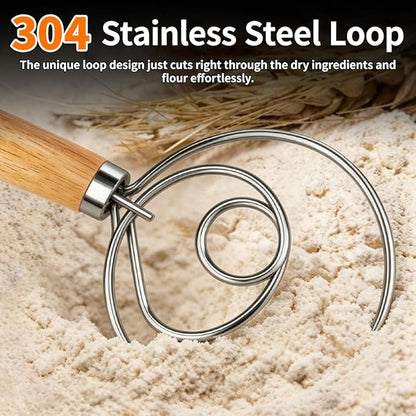 Polly Online Dough Whisk,Wooden Handle Danish Sourdough Whisk with Stainless Steel Dough Hook for Bread, Pastry or Pizza Dough 13 Inch 1-PACK - Image 3