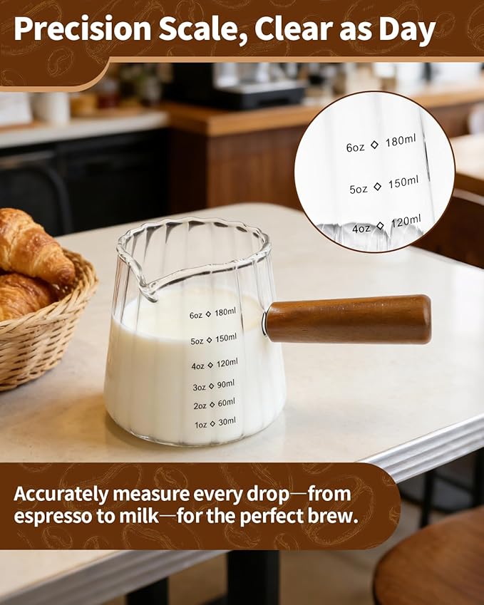 2 Pack Espresso Measuring Cup, 6oz Borosilicate Glass Espresso Cups with Wood Handle, V-Shaped Spout Milk Frothing Cup for Coffee, Tea, Syrup – Dishwasher Safe