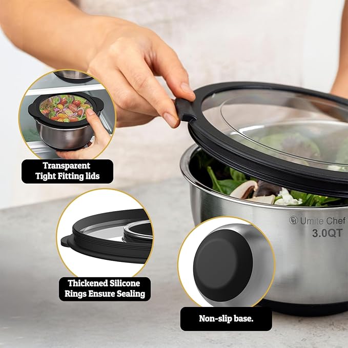Mixing Bowls with Lids Set - Non-Slip, Airtight Warp-Proof TPR-AS Lids, Thicker Stainless Steel Bowls, Measurement Lines & 3 Graters, Prep Meal Bowl, Black Nesting Bowl for Kitchen, 5/3/2/1.5/0.63QT - Image 3
