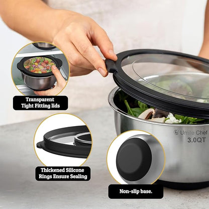 Mixing Bowls with Lids Set - Non-Slip, Airtight Warp-Proof TPR-AS Lids, Thicker Stainless Steel Bowls, Measurement Lines & 3 Graters, Prep Meal Bowl, Black Nesting Bowl for Kitchen, 5/3/2/1.5/0.63QT - Image 3