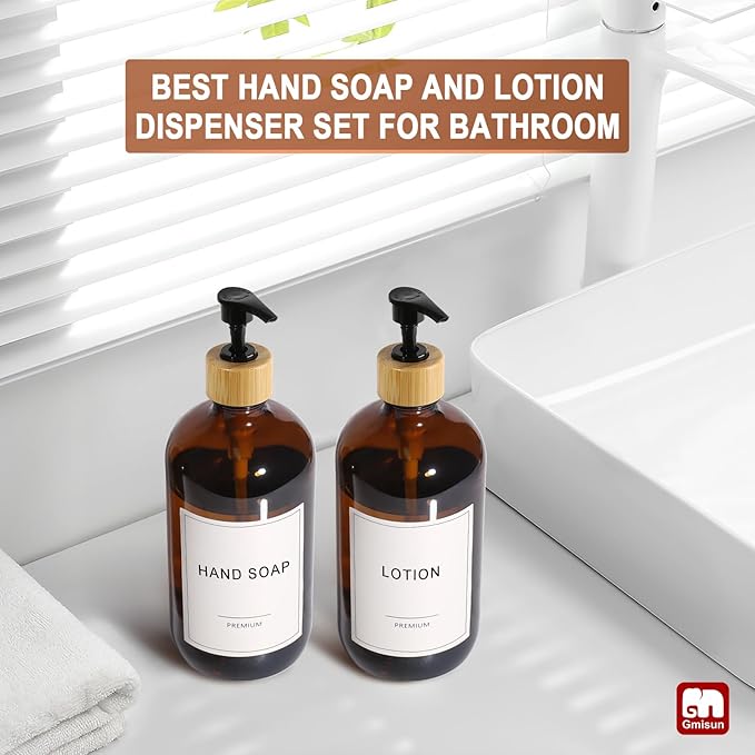 GMISUN Amber Glass Soap Dispenser, 2 Pack Bathroom Hand Soap Dispensers with Bamboo Pump, 17 Fl Oz Kitchen Hand and Dish Soap Dispenser Set, Modern Vintage Liquid Brown Soap Dispensers Bottle - Image 6