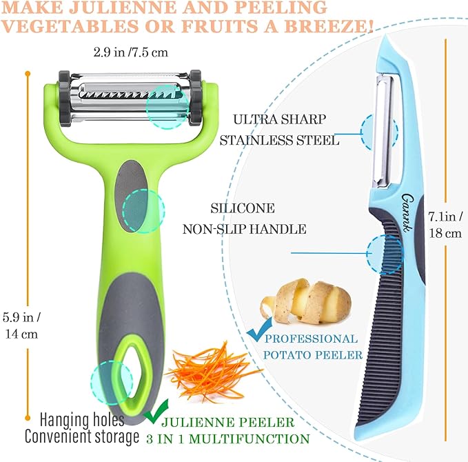 GANNK Potato Apple Vegetable Peelers for Kitchen, I and Y Peelers for Fruit Veggie Potatoes Carrot Cucumber, 3 in 1 Blade Spin Design With Julienne Function - Image 8