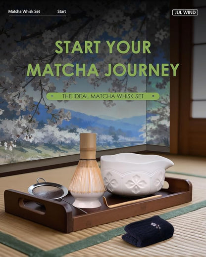 Matcha Whisk Set, Ceramic Matcha Bowl with Spout, Bamboo Whisk, Scoop, Sifter, Holder, Tea Towel - 6Pcs Matcha Kit Gift for Matcha Lovers Beginners (White) - Image 3