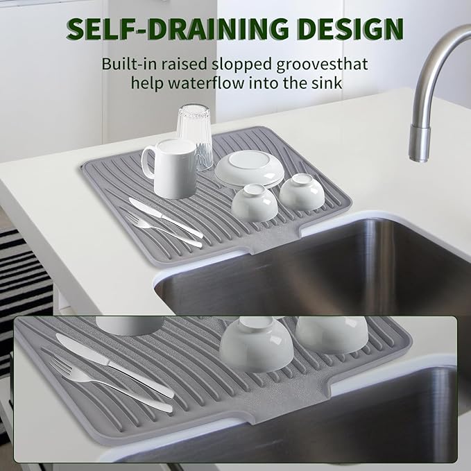 Silicone Dish Drying Mat 16x13,Food-Grade Silicone,Easy Clean Pad for Countertop Protection,Heat Resistant,Easy Clean,Non-Slip Drain Pad with Built-in Drain,Multi-Functional Use,Grey - Image 6