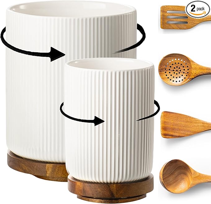 getstar Large Rotating Utensil Holder for Kitchen Counter,7.9"+6" Ceramic Utensils Crocks Set for Countertop Large & Small Utensil Organizer for Spatula Farmhouse Kitchen Decor by Getstar