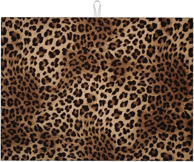 Brown Leopard Dish Drying Mat Black Cheetah Skin Wild Animal Print Drying Rack Pad Countertop Dishes Ultra Absorbent Microfiber Kitchen Counter Mat 18x24 Inch