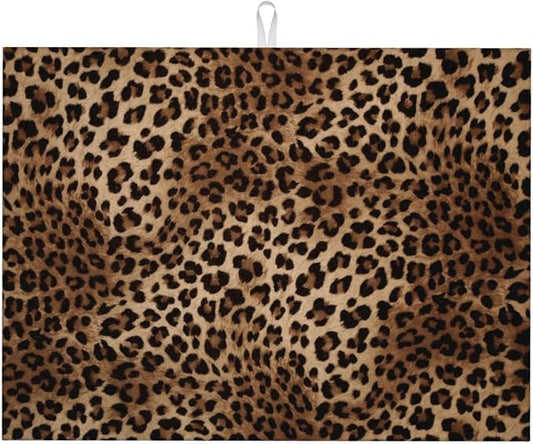 Brown Leopard Dish Drying Mat Black Cheetah Skin Wild Animal Print Drying Rack Pad Countertop Dishes Ultra Absorbent Microfiber Kitchen Counter Mat 18x24 Inch