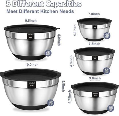 Umite Chef Mixing Bowls with Airtight Lids, 8PCS Stainless Steel Nesting Mixing Bowls Set, 3 Grater Attachments & Non-Slip Bottoms, Black Kitchen Bowls, Size 5, 4, 3.5, 2, 1.5QT for Baking & Serving - Image 4