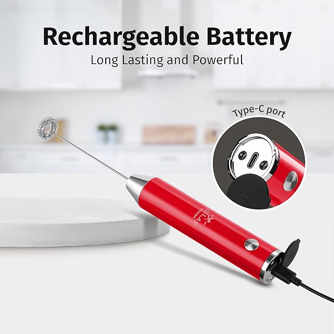 Zulay Kitchen Rechargeable Milk Frother Handheld Lux - Powerful 2-Speed Motor, Waterproof, 2000mAh Battery - Drink Mixer for Latte, Cappuccino, Matcha & Protein Powder - Scarlet - Image 7