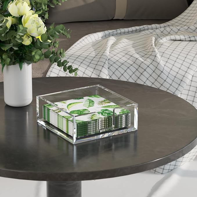 HIIMIEI Acrylic Napkin Holder for Table: Square Luncheon Napkin Tray, Flat Decorative Guest Towel Holder for Bathroom, Kitchen, Bar, Dinner, Party, 7.6 x 7.6 inches（Clear) - Image 2