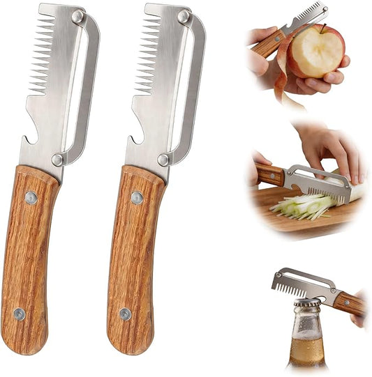 Multifunctional Vegetable Peeler, 3 in 1 Potato Peeler with Wooden Handle, Green Onion Slicer with Bottle Opener Kitchen Tool for Peeling Veggie Fruit Pineapple Pumpkin Papaya Carrrot(2 Pack) by Unknown