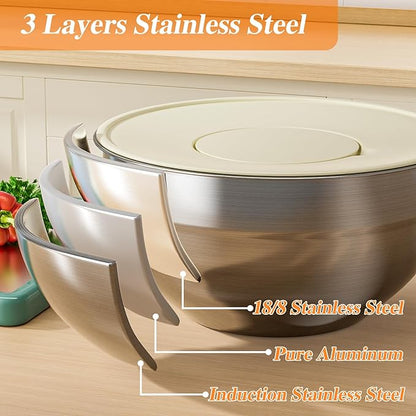 Mixing Bowls with Lids Set, 6 PCS Stainless Steel Mixing Bowls with 3 Grater Attachments, Kitchen Food Storage Organizers Nesting Mixing Bowl, Large Size 4.5, 3.5, 2.1, 1.5, 1.1, 0.7QT - Image 6