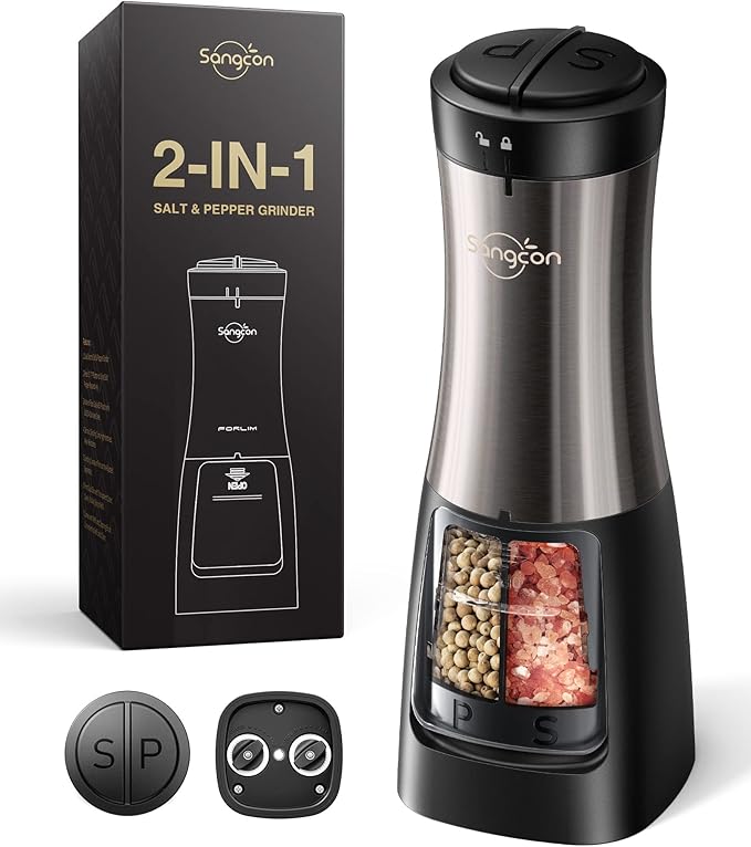 Sangcon Electric Salt and Pepper Grinder Set Shaker 2 IN 1 - Automatic Salt and Pepper Grinder Mill, Battery Powered One-Handed Operation Refillable with Light Dual Ceramic Mill by Sangcon