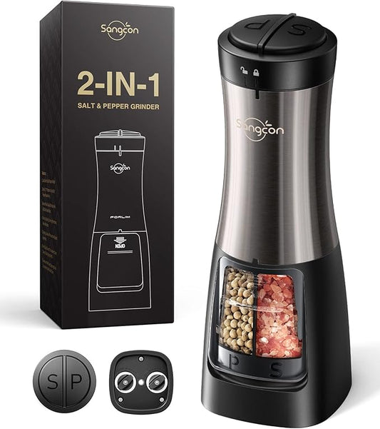 Sangcon Electric Salt and Pepper Grinder Set Shaker 2 IN 1 - Automatic Salt and Pepper Grinder Mill, Battery Powered One-Handed Operation Refillable with Light Dual Ceramic Mill by Sangcon
