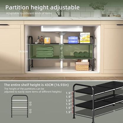 NETEL Under Sink Organizers and Storage,2 Tier Shelf Under Bathroom Sink,Cabinet Organizer with 8 Removable Carbon Steel Panels，Partition Height Adjustable,(27.36-36.02)" W x 12.28" D x 16.93" H