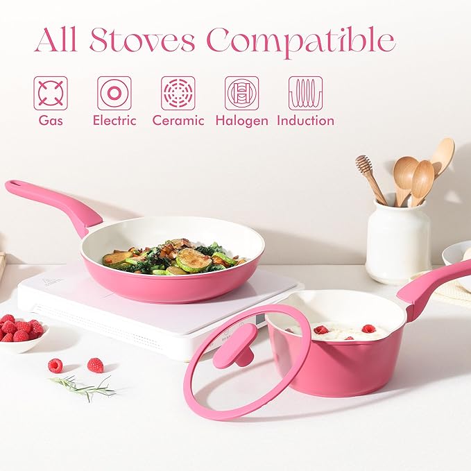PRICUSIS Nonstick Ceramic Frying Pan with Lid, 8/10 Inch Skillet with Stay Cool Handle, Fully Coated, Induction Compatible, 100% Dishwasher Safe, PTFE PFAS and PFOA Free（10 Inch, Raspberry Red） - Image 7