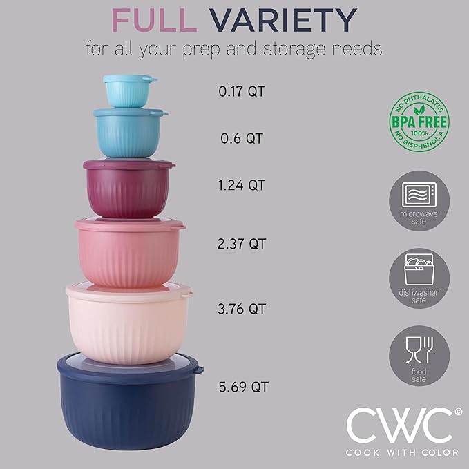 COOK WITH COLOR Prep Bowls with Lids- Wide and Deep Nesting Plastic Small Mixing Bowl Set with Lids, 12 Piece Set - Deep Bowls, Navy - Image 3