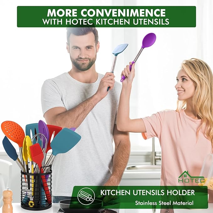 HOTEC 446°F Heat Resistant Silicone Kitchen Utensils, Cooking Utensil Set, Spatula Set, BPA Free, Kitchen Gadgets, Utensils Holder, Dishwasher Safe, 14pcs Multicolor - Image 2