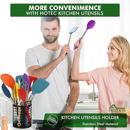 HOTEC 446°F Heat Resistant Silicone Kitchen Utensils, Cooking Utensil Set, Spatula Set, BPA Free, Kitchen Gadgets, Utensils Holder, Dishwasher Safe, 14pcs Multicolor - Image 2