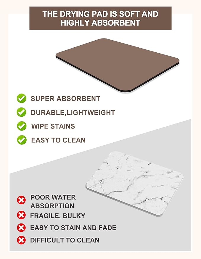 Dish Drying Mat for Kitchen Counter, 12"x19" Dish Drying Pad with Non-slip Rubber Backed, Hide Stain Anti Absorbent for Kitchen Counter, Drying Mat for Coffee Machine Dish Rack (Brown) - Image 3