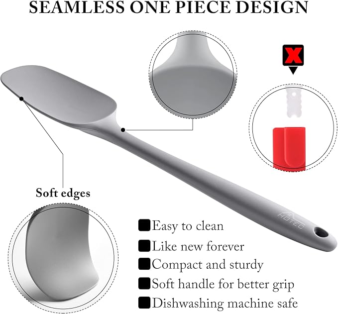 HOTEC 600℉ Heat Resistant BPA-Free Silicone Rubber Spatula Set,Kitchen Cooking Spatulas, Baking, Mixing for Non Stick Cookware, Dishwasher Safe, Set of 5 Grey - Image 3