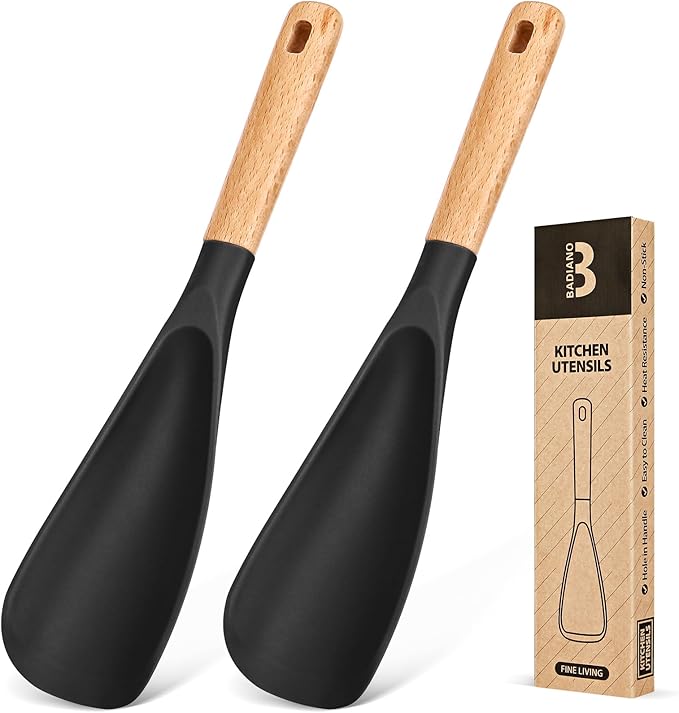 Cooking Spoon for Nonstick Cookwares, Great for Cooking and Serving Sturdy BPA-Free Matte Silicone, Wood Handle Spoon for Mixing, Scoop, and Scrape (2 Pack of Black, 11.4 inch) by BADIANO